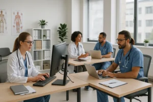 Ambiente moderno de coworking de saúde com profissionais utilizando computadores e laptops em um consultório compartilhado, mostrando colaboração, estrutura organizada e atendimento profissional em um espaço clínico contemporâneo.