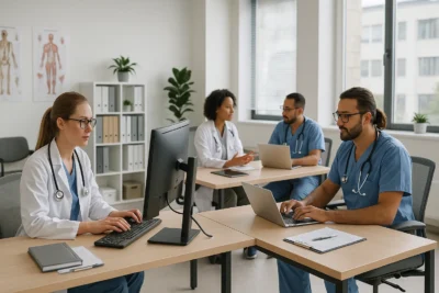 Ambiente moderno de coworking de saúde com profissionais utilizando computadores e laptops em um consultório compartilhado, mostrando colaboração, estrutura organizada e atendimento profissional em um espaço clínico contemporâneo.